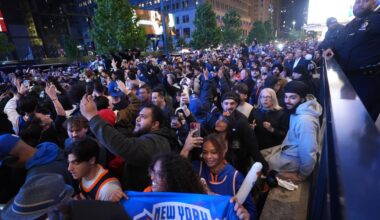 City Hall, NYPD in reversal, OK Knicks Game 1 finals watch party outside MSG