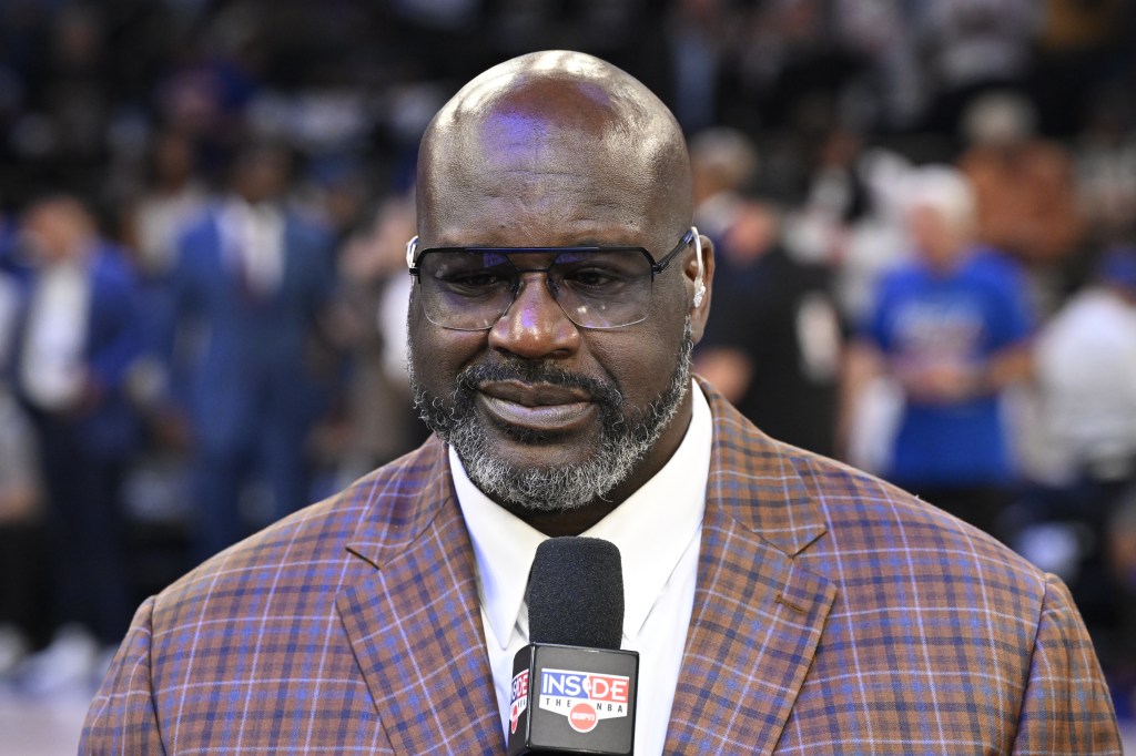 Shaquille O'Neal looks on before the game between the San Antonio Spurs and the New York Knicks during Game Three of the 2026 NBA Finals on June 8, 2026.