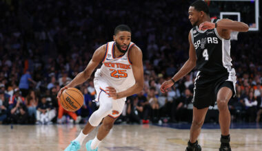 Mikal Bridges (25) of the New York Knicks drives against De'Aaron Fox of the San Antonio Spurs during game 3 of the 2026 NBA Finals.