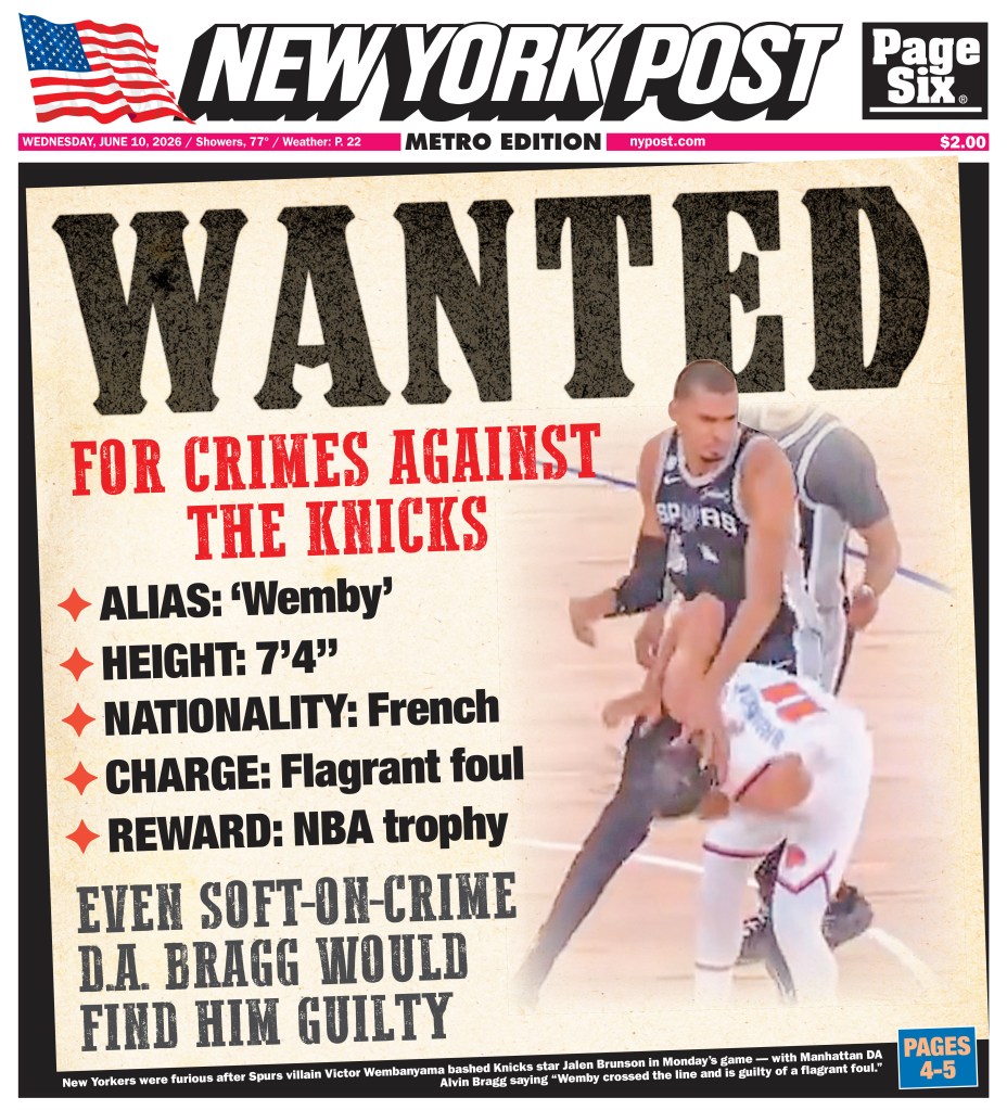 The New York Post cover with a "WANTED" poster featuring an image of NBA player Victor Wembanyama with the text "FOR CRIMES AGAINST THE KNICKS."