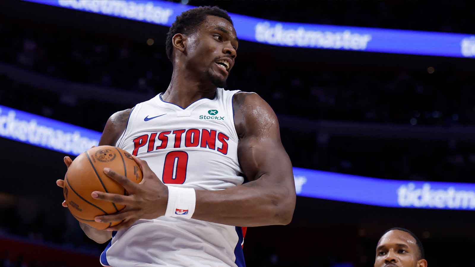 Detroit Pistons center Jalen Duren (0) grabs the rebound in the first half against the Cleveland Cavaliers during game two of the second round of the 2026 NBA Playoffs at Little Caesars Arena.