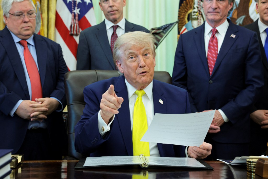 U.S. President Donald Trump delivers remarks to reporters about his administration's support for coal energy production, among other topics, flanked by West Virginia Governor Patrick Morrisey, Secretary of Energy Chris Wright, Interior Secretary Doug Burgum and Environmental Protection Agency (EPA) Administrator Lee Zeldin in the Oval Office at the White House in Washington, D.C., U.S., June 4, 2026.
