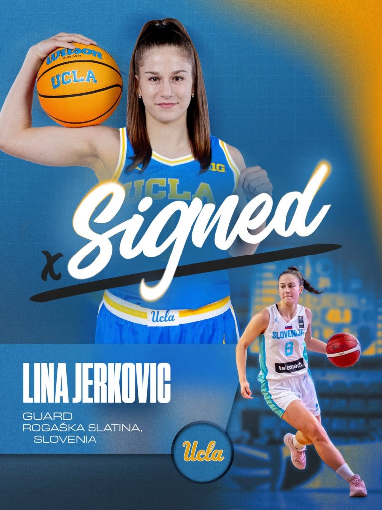Lina Jerkovic signed with UCLA as a guard from Rogaška Slatina, Slovenia, with a basketball and a game photo.
