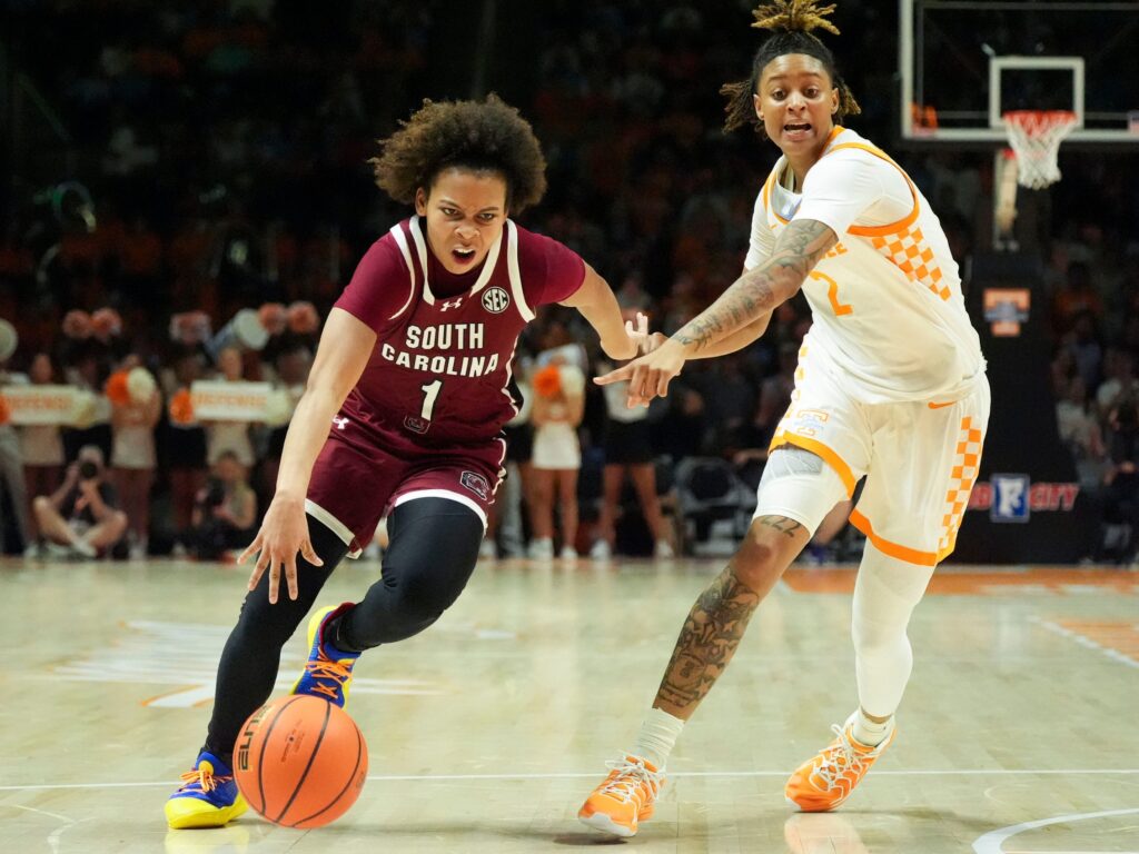 South Carolina's Maddy McDaniel (1) drives towards the basket while guarded by Tennessee's Ruby Whitehorn (2) in an NCAA college basketball game on Monday, Jan. 27, 2025, in Knoxville, Tenn.