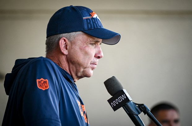 Sean Payton of the Denver Broncos speaks to members of the media during OTAs at the Broncos Park in Centennial, Colorado on Thursday, June 4, 2026. (Photo by AAron Ontiveroz/The Denver Post)