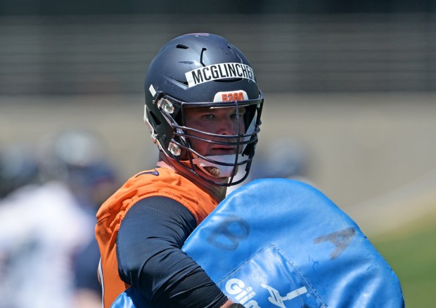 Denver Broncos offensive tackle Mike McGlinchey (69) warms up during minicamp at the Broncos Park on Wednesday, June 17, 2026, in Centennial. (Photo by RJ Sangosti/The Denver Post)