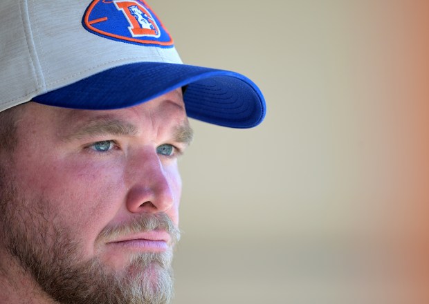 Denver Broncos offensive tackle Mike McGlinchey (69) talks with media after minicamp at the Broncos Park on Wednesday, June 17, 2026, in Centennial, Colorado. (Photo by RJ Sangosti/The Denver Post)