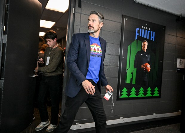 Team President Josh Kroenke walks in a hallway after listening to head coach David Adelman of the Denver Nuggets speaking to members of the media after the Minnesota Timberwolves' 110-98 Game 6 NBA Playoffs series win at the Target Center in Minneapolis, Minnesota on Thursday, April 30, 2026. Minnesota eliminated the Nuggets 4-2. (Photo by AAron Ontiveroz/The Denver Post)