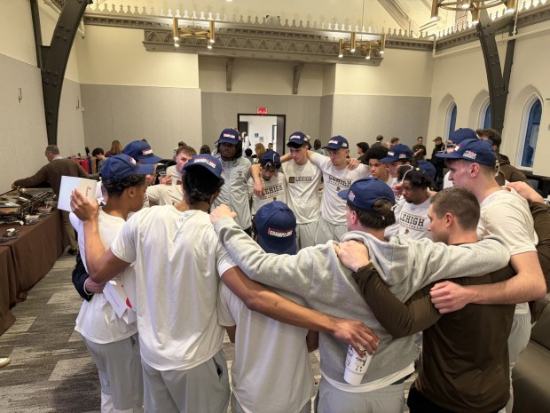 The Lehigh men's basketball team huddles up Sunday after learning their opponent for the NCAA Basketball Tournament. Lehigh will play Prairie View A&M on Wednesday in Dayton, Ohio. (Derek Bast/Special to the Morning Call)