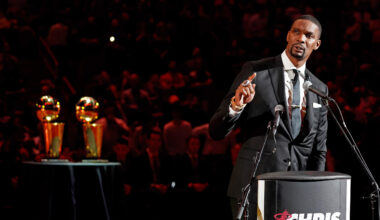 Mar 26, 2019; Miami, FL, USA; Former Miami Heat player Chris Bosh speaks during his jersey retirement ceremony at halftime of the game between the Miami Heat and the Orlando Magic at American Airlines Arena. Mandatory Credit: Jasen Vinlove-USA TODAY Sports