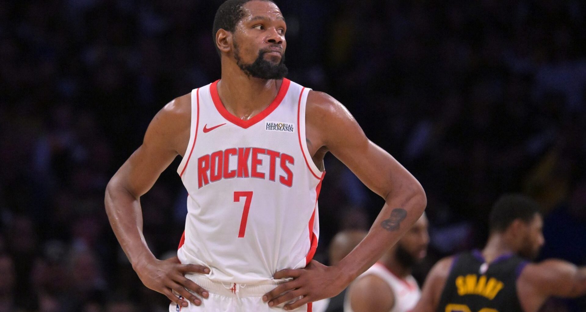 Apr 21, 2026; Los Angeles, California, USA; Houston Rockets forward Kevin Durant (7) looks on from the court in the second half of game two of the first round of the 2026 NBA Playoffs against the Los Angeles Lakers at Crypto.com Arena. Mandatory Credit: Jayne Kamin-Oncea-Imagn Images