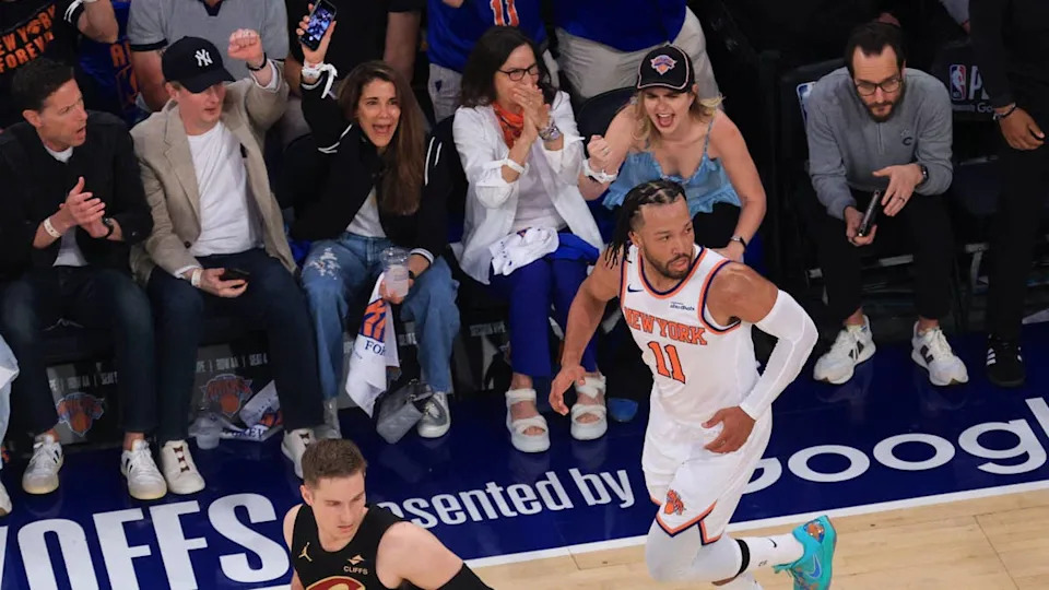 May 19, 2026; <a class="link " href="https://sports.yahoo.com/nba/teams/new-york/" data-i13n="sec:content-canvas;subsec:anchor_text;elm:context_link" data-ylk="slk:New York;sec:content-canvas;subsec:anchor_text;elm:context_link;itc:0" data-yga="{"yLinkElement":"context_link","yModuleName":"content-canvas","yLinkText":"New York","ySubModuleName":"anchor_text","yHasCommerce":false}">New York</a>, New York, USA; Fans react after a basket by New York Knicks guard <a class="link " href="https://sports.yahoo.com/nba/players/6044/" data-i13n="sec:content-canvas;subsec:anchor_text;elm:context_link" data-ylk="slk:Jalen Brunson;sec:content-canvas;subsec:anchor_text;elm:context_link;itc:0" data-yga="{"yLinkElement":"context_link","yModuleName":"content-canvas","yLinkText":"Jalen Brunson","ySubModuleName":"anchor_text","yHasCommerce":false}">Jalen Brunson</a> (11) against the Cleveland Cavaliers during the second quarter of game one of the eastern conference finals for the 2026 NBA playoffs at Madison Square Garden. Mandatory Credit: Vincent Carchietta-Imagn Images© Vincent Carchietta-Imagn Images&period;