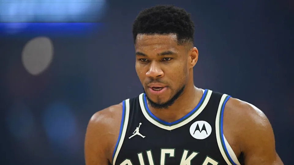 Nov 17, 2025; Cleveland, Ohio, USA; Milwaukee Bucks forward Giannis Antetokounmpo (34) walks on the court in the first quarter against the Cleveland Cavaliers at Rocket Arena. Mandatory Credit: David Richard-Imagn Images© David Richard-Imagn Images.
