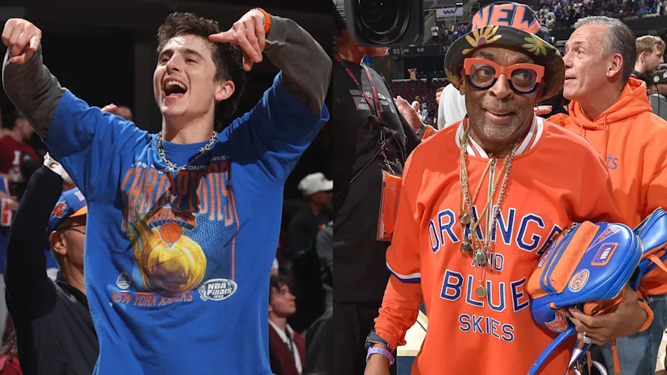 Timothee Chalamet in a blue Knicks shirt, Spike Lee in  orange Knicks gear and glasses.
