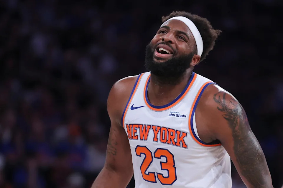 May 19, 2026; New York, New York, USA; New York Knicks center Mitchell Robinson (23) reacts to missing a free throw against the Cleveland Cavaliers during the third quarter of game one of the eastern conference finals during the 2026 NBA playoffs at Madison Square Garden. Mandatory Credit: Brad Penner-Imagn Images