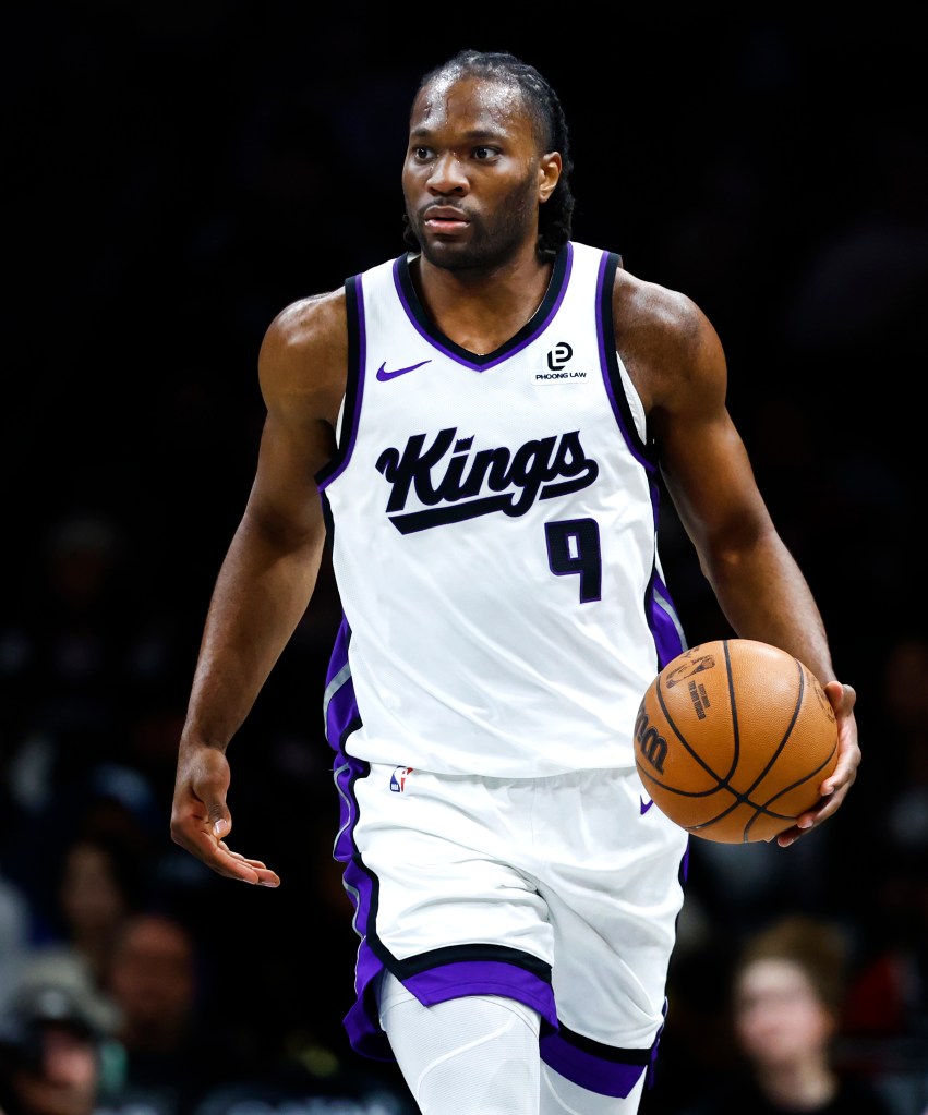Sacramento Kings forward Precious Achiuwa (9) dribbles the ball during the second half against the Nets at the Barclays Center. Sunday, March 29, 2026 in Brooklyn, N.Y. The Brooklyn Nets won 116-99. 
