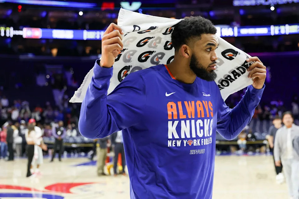 PHILADELPHIA, PENNSYLVANIA - MAY 10: Karl-Anthony Towns #32 of the New York Knicks looks on after his teams 144-114 over the Philadelphia 76ers in Game Four of the Second Round of the NBA Eastern Conference Playoffs at Xfinity Mobile Arena on May 10, 2026 in Philadelphia, Pennsylvania. The Knicks won the series 4-0. NOTE TO USER: User expressly acknowledges and agrees that, by downloading and or using this photograph, User is consenting to the terms and conditions of the Getty Images License Agreement. (Photo by Emilee Chinn/Getty Images)