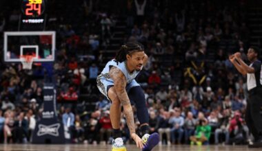 Ja Morant #12 of the Memphis Grizzlies reacting during a game against the Atlanta Hawks at FedExForum on January 21, 2026.