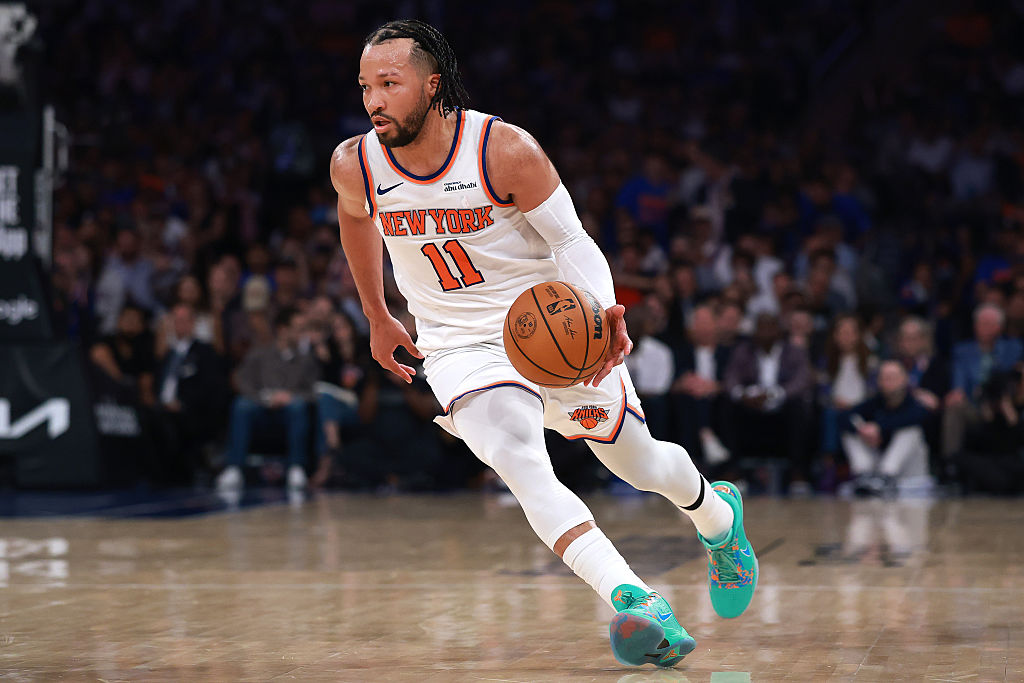 NEW YORK, NEW YORK - MAY 19: Jalen Brunson #11 of the New York Knicks dribbles against the Cleveland Cavaliers during the third quarter in Game One of the NBA Eastern Conference Finals at Madison Square Garden on May 19, 2026 in New York City. NOTE TO USER: User expressly acknowledges and agrees that, by downloading and or using this photograph, User is consenting to the terms and conditions of the Getty Images License Agreement. (Photo by Sarah Stier/Getty Images)