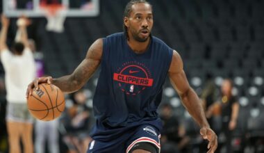 LA Clippers forward Kawhi Leonard (2) warms up before the game against the Sacramento Kings at Golden 1 Center.