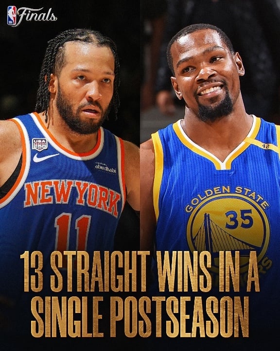 Jalen Brunson, Kevin Durant in a Warriors uniform. The caption reads "13 straight wins in a single postseason."