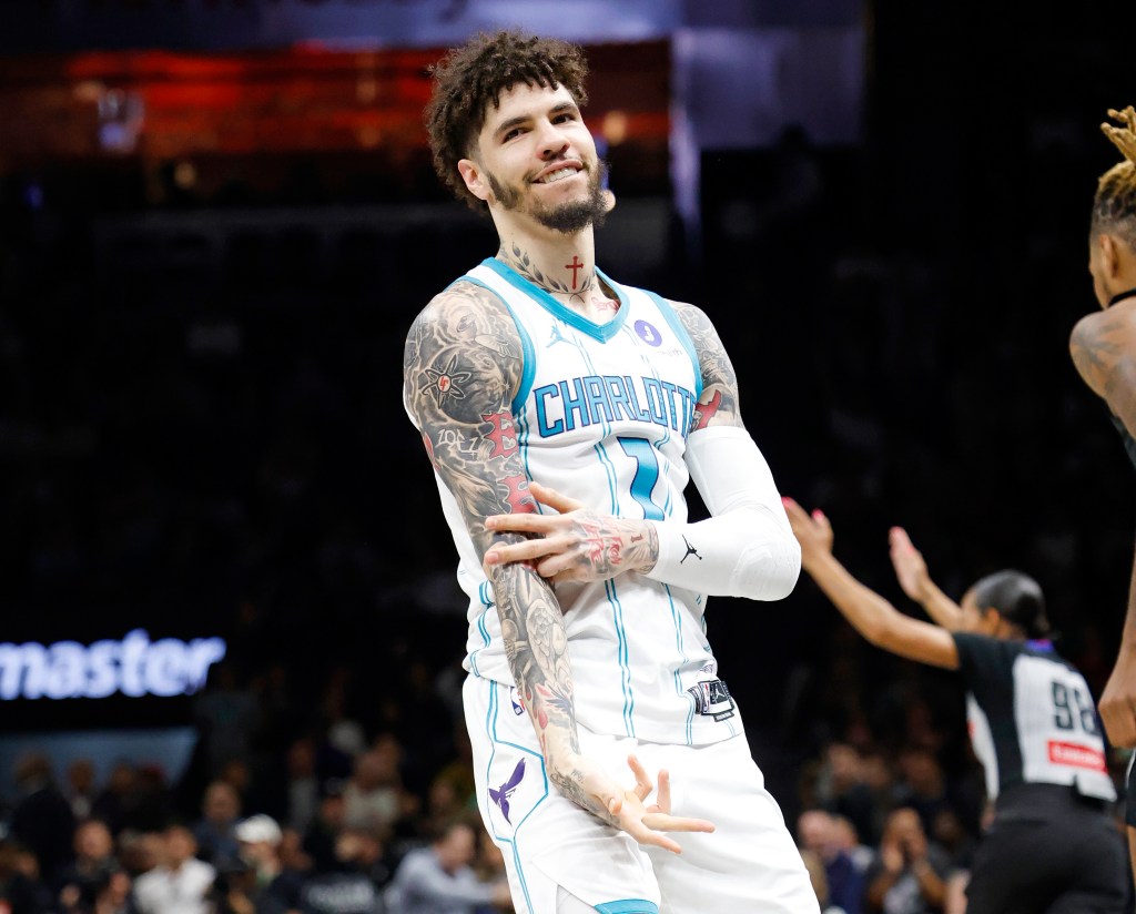 Charlotte Hornets guard LaMelo Ball (1) after making a 3-point basket.