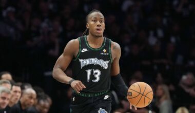 May 15, 2026; Minneapolis, Minnesota, USA; Minnesota Timberwolves guard Ayo Dosunmu (13) dribbles the ball against the San Antonio Spurs in the second during game six of the second round of the 2026 NBA Playoffs at Target Center. Mandatory Credit: Jesse Johnson-Imagn Images