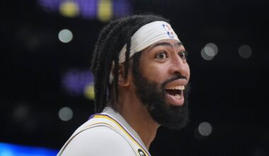 Mar 19, 2023; Los Angeles, California, USA; Los Angeles Lakers forward Anthony Davis (3) reacts against the Orlando Magi in the second half at Crypto.com Arena. Mandatory Credit: Kirby Lee-USA TODAY Sports
