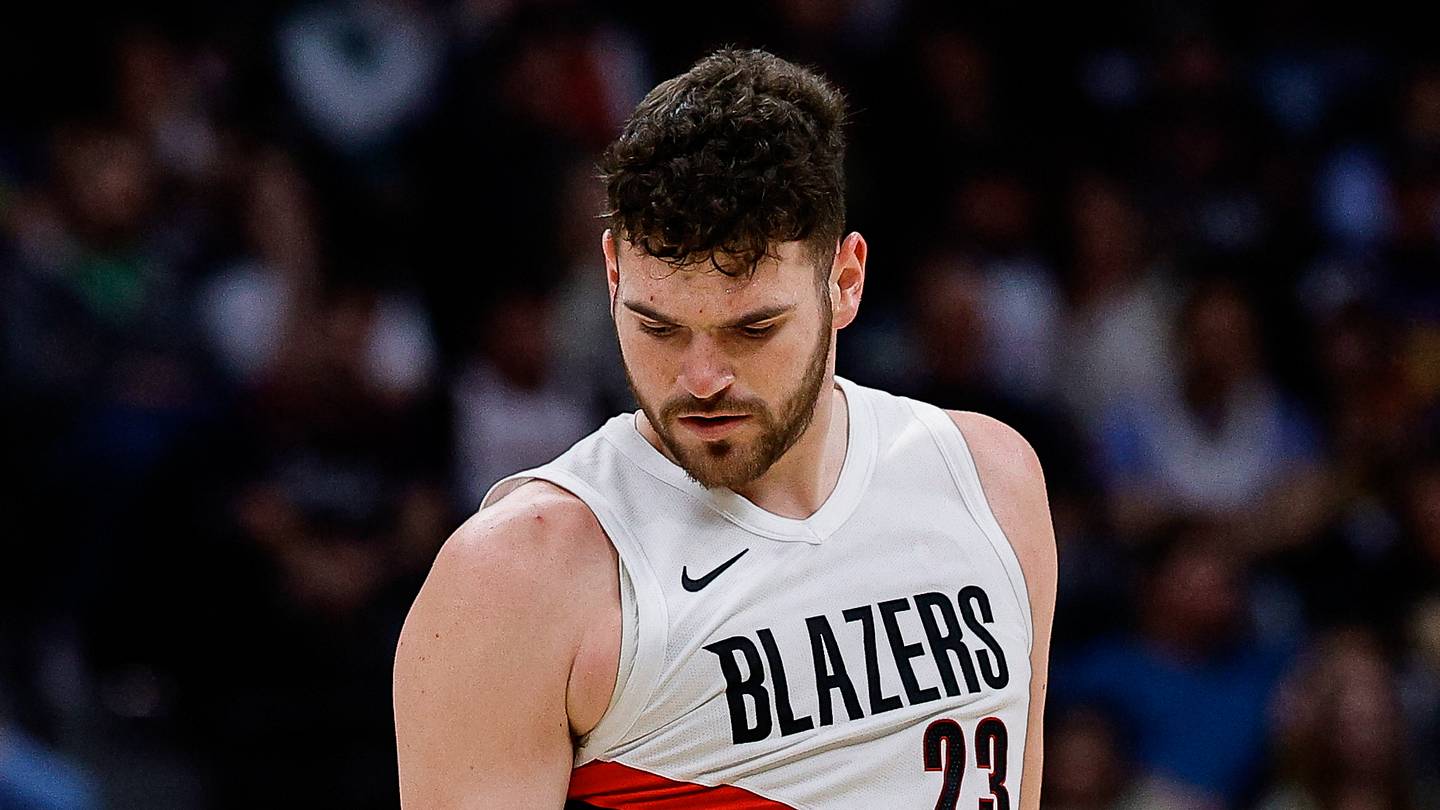 Apr 6, 2026; Denver, Colorado, USA; Portland Trail Blazers center Donovan Clingan (23) reacts after a play in the second quarter against the Denver Nuggets at Ball Arena. Mandatory Credit: Isaiah J. Downing-Imagn Images