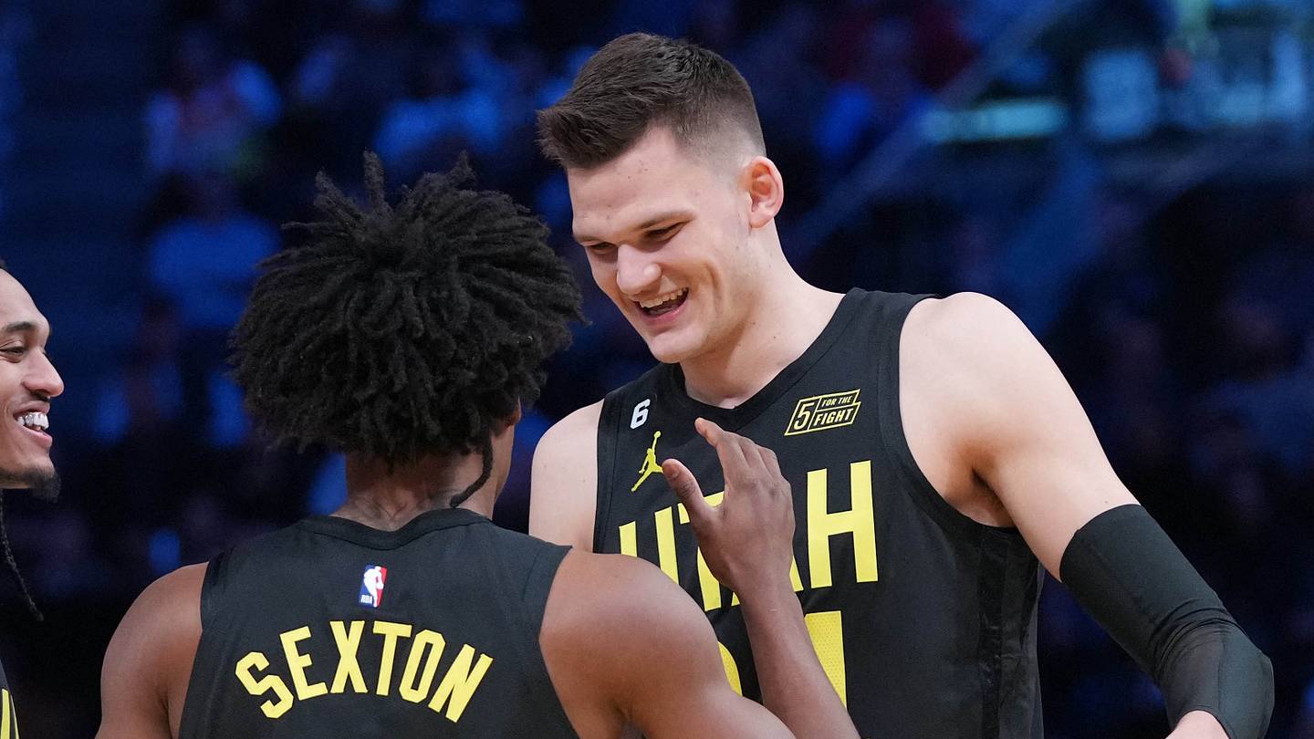 Feb 18, 2023; Salt Lake City, UT, USA; Team Jazz guard Jordan Clarkson (00), guard Collin Sexton (2) and center Walker Kessler (24) celebrate after winning the Skills Competition during the 2023 All Star Saturday Night at Vivint Arena. Mandatory Credit: Kyle Terada-USA TODAY Sports