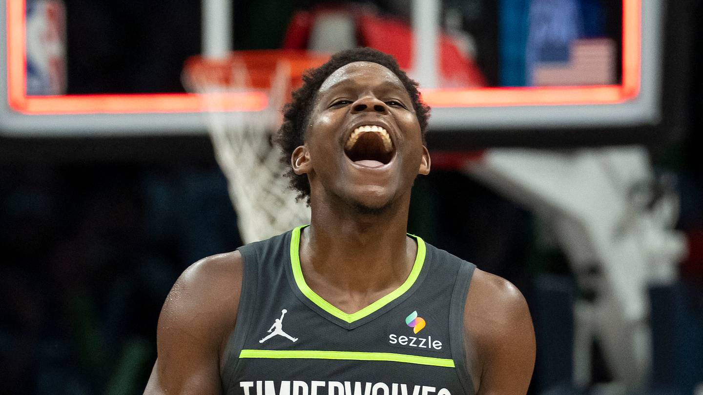 Jan 11, 2026; Minneapolis, Minnesota, USA; Minnesota Timberwolves guard Anthony Edwards (5) celebrates after defeating the San Antonio Spurs at Target Center. Mandatory Credit: Jesse Johnson-Imagn Images