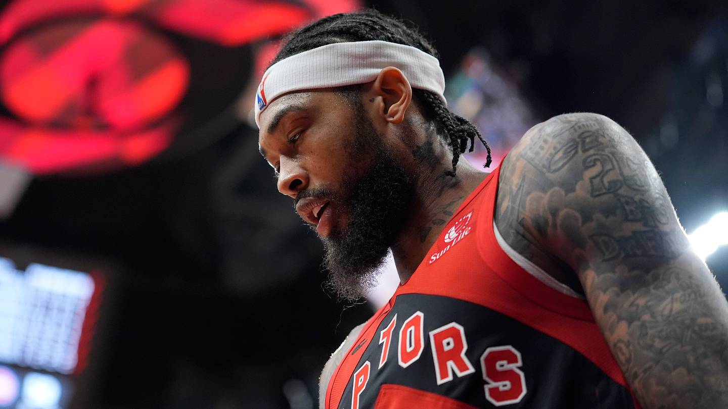 Mar 15, 2026; Toronto, Ontario, CAN; Toronto Raptors forward Brandon Ingram (3) during a break in the action against the Detroit Pistons during the first half at Scotiabank Arena. Mandatory Credit: John E. Sokolowski-Imagn Images