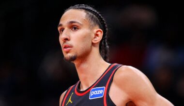 Feb 20, 2026; Atlanta, Georgia, USA; Atlanta Hawks forward Zaccharie Risacher (10) in action against the Miami Heat in the fourth quarter at State Farm Arena. Mandatory Credit: Brett Davis-Imagn Images