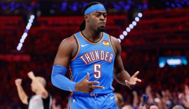May 18, 2026; Oklahoma City, Oklahoma, USA; Oklahoma City Thunder forward Luguentz Dort (5) celebrates in the third quarter against the San Antonio Spurs during game one of the western conference finals for the 2026 NBA playoffs at Paycom Center. Mandatory Credit: Alonzo Adams-Imagn Images
