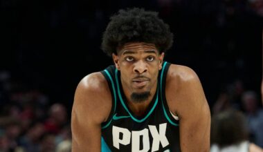 Apr 12, 2026; Portland, Oregon, USA; Portland Trail Blazers guard Scoot Henderson (00) waits during a break in action during the second half against the Sacramento Kings at Moda Center. Mandatory Credit: Troy Wayrynen-Imagn Images