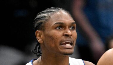 Dec 18, 2025; Dallas, Texas, USA; Detroit Pistons guard Ausar Thompson (9) is restrained by forward Tobias Harris (12) as Thompson reacts : Jerome Miron-Imagn Images
