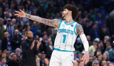 Jan 29, 2026; Dallas, Texas, USA;  Charlotte Hornets guard LaMelo Ball (1) reacts after scoring against the Dallas Mavericks during the first quarter at American Airlines Center. Mandatory Credit: Kevin Jairaj-Imagn Images