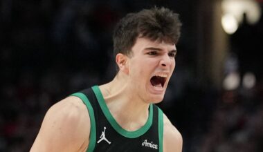 Dec 28, 2025; Portland, Oregon, USA; Boston Celtics guard Hugo Gonzalez (28) celebrates after making a three-point basket during the second half against the Portland Trail Blazers at Moda Center. Mandatory Credit: Soobum Im-Imagn Images
