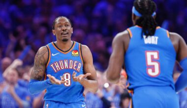 May 18, 2026; Oklahoma City, Oklahoma, USA; Oklahoma City Thunder forward Jalen Williams (8) reacts to a shot by  forward Luguentz Dort (5) in the third quarter against San Antonio Spurs during game one of the western conference finals for the 2026 NBA playoffs at Paycom Center. Mandatory Credit: Alonzo Adams-Imagn Images
