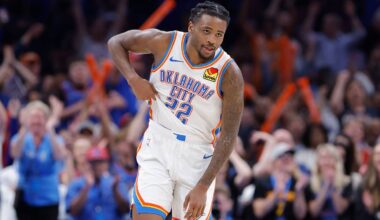 Mar 27, 2025; Oklahoma City, Oklahoma, USA; Oklahoma City Thunder guard Cason Wallace (22) reacts after scoring against the Memphis Grizzlies during the second half at Paycom Center. Mandatory Credit: Alonzo Adams-Imagn Images