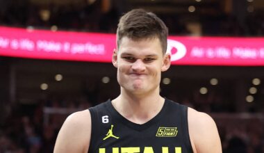 Feb 1, 2023; Salt Lake City, Utah, USA; Utah Jazz center Walker Kessler (24) reacts to a play against the Toronto Raptors in the fourth quarter at Vivint Arena. Mandatory Credit: Rob Gray-USA TODAY Sports