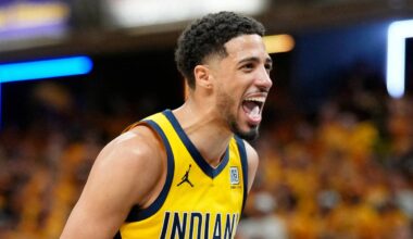Jun 13, 2025; Indianapolis, Indiana, USA; Indiana Pacers guard Tyrese Haliburton (0) reacts after a play against the Oklahoma City Thunder during the second half during game four of the 2025 NBA Finals at Gainbridge Fieldhouse. Mandatory Credit: Kyle Terada-Imagn Images