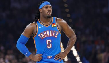 Apr 2, 2026; Oklahoma City, Oklahoma, USA; Oklahoma City Thunder guard Luguentz Dort (5) stands during Los Angeles Lakers free throw baskets during the first quarter at Paycom Center. Mandatory Credit: Alonzo Adams-Imagn Images