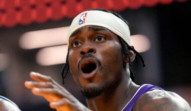 Los Angeles Lakers forward Jarred Vanderbilt (2) reacts after a possession against the Golden State Warriors in the second quarter at the Chase Center on April 9, 2026.
