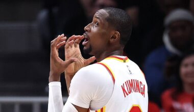 ATLANTA, GEORGIA - APRIL 25: Jonathan Kuminga #0 of the Atlanta Hawks reacts. (Photo by Kevin C. Cox/Getty Images)