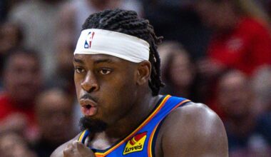 Oklahoma City Thunder guard Luguentz Dort (5) reacts to a  play against the New Orleans Pelicans during the second half at Smoothie King Center on April 12, 2023.