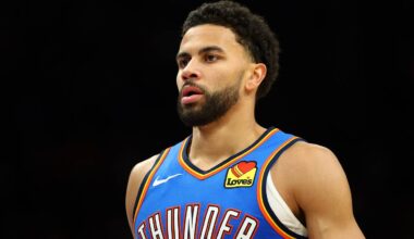 Apr 27, 2026; Phoenix, Arizona, USA; Oklahoma City Thunder guard Ajay Mitchell (25) against the Phoenix Suns during game four of the first round of the 2026 NBA Playoffs at Mortgage Matchup Center. Mandatory Credit: Mark J. Rebilas-Imagn Images
