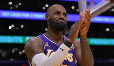 Dec 10, 2025; Los Angeles, California, USA; Los Angeles Lakers forward Lebron James (23) reacts after a missed basket during the second half against the San Antonio Spurs at Crypto.com Arena. Mandatory Credit: Jayne Kamin-Oncea-Imagn Images