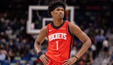 Mar 29, 2026; New Orleans, Louisiana, USA;  Houston Rockets guard/forward Amen Thompson (1) looks on against the New Orleans Pelicans during the first half at Smoothie King Center. Mandatory Credit: Stephen Lew-Imagn Images
