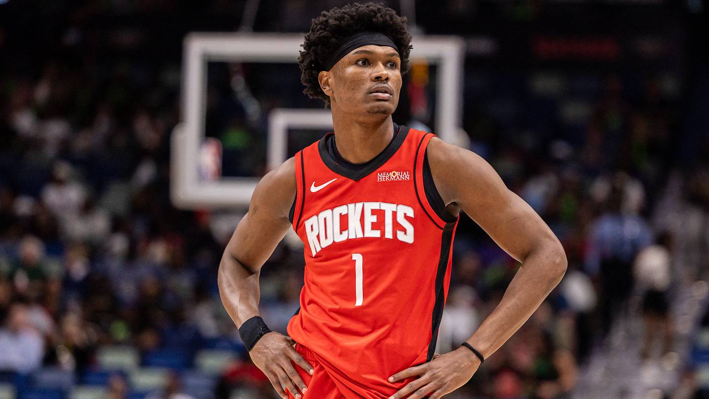 Mar 29, 2026; New Orleans, Louisiana, USA;  Houston Rockets guard/forward Amen Thompson (1) looks on against the New Orleans Pelicans during the first half at Smoothie King Center. Mandatory Credit: Stephen Lew-Imagn Images